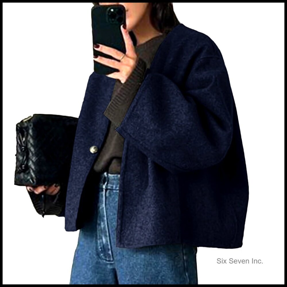 Cropped Wool Blend Peacoat Long Sleeve Coat Fall Winter Outwear